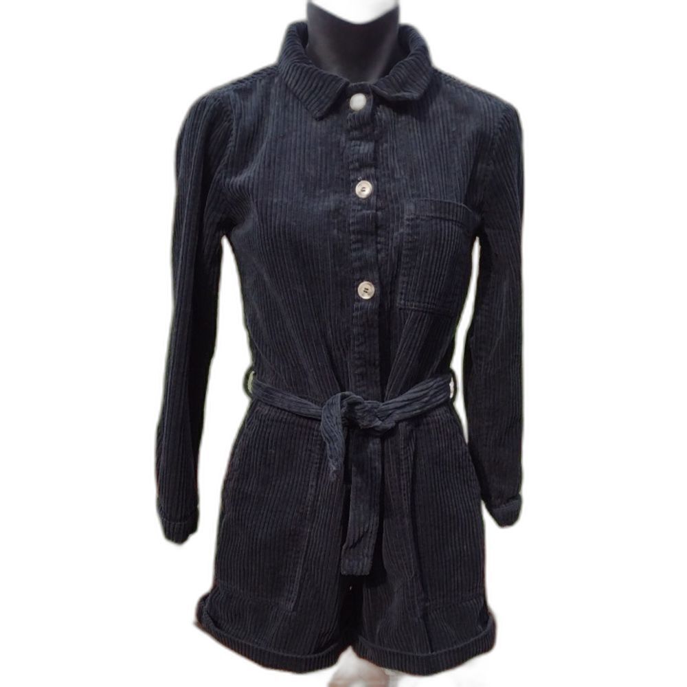 Zara Black Corduroy Long Sleeve Collared Romper with Belt Size 13-14